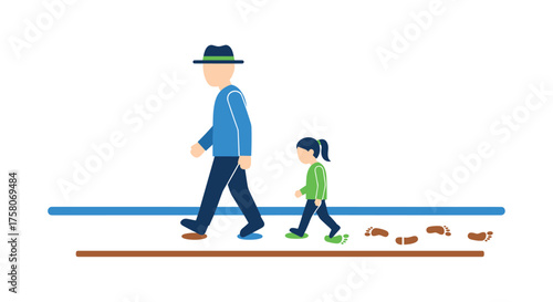 A Man And A Girl Walk Together On A Path Leaving Footprints