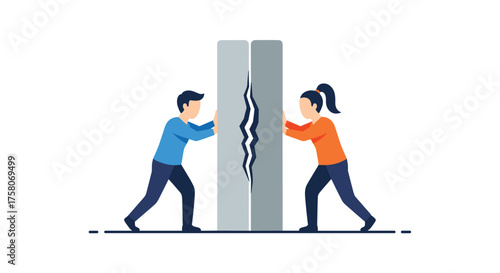 Two People Pushing Apart a Cracked Wall in Conflict