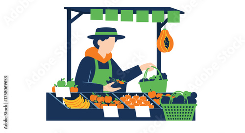 Vendor Selling Fresh Organic Fruits and Vegetables at Local Market