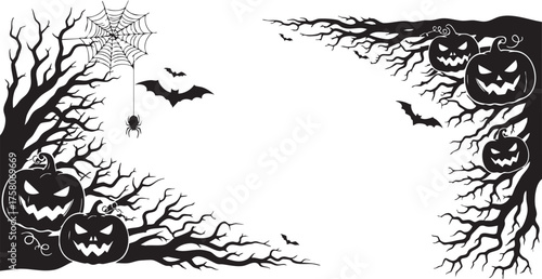Spooky Halloween border design with creepy pumpkins, bats, spiderwebs, and gnarled trees perfect for party invitations and decorations.
