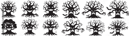 Spooky haunted trees with menacing faces and bats create a chilling Halloween atmosphere perfect for seasonal decorations and designs