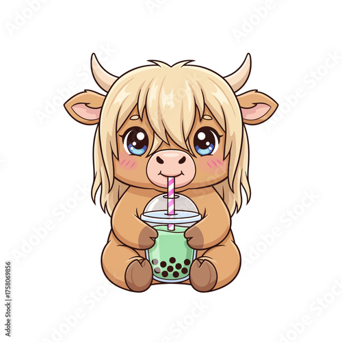 Cute Fluffy Highland Cow Calf Drinking Matcha Boba Tea Kawaii