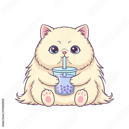 Super Fluffy Persian Cat Drinking Purple Boba Tea Kawaii Cartoon