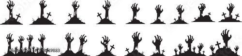 Spooky zombie hands emerge from graves with crosses, creating a chilling Halloween graveyard scene perfect for holiday promotions and scary event designs.