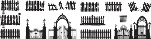 Spooky cemetery gates and broken fences with skulls create an eerie, haunted atmosphere perfect for Halloween projects