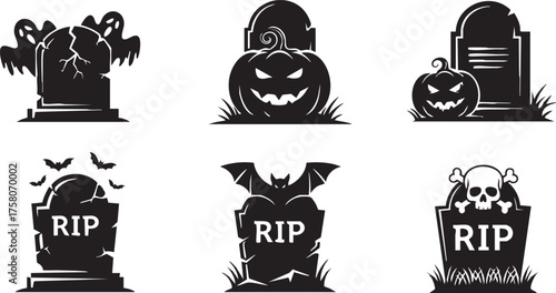 Haunting Halloween graveyard icons with spooky ghosts, grinning pumpkins, bats, and RIP tombstones create a chilling atmosphere for your festive designs.