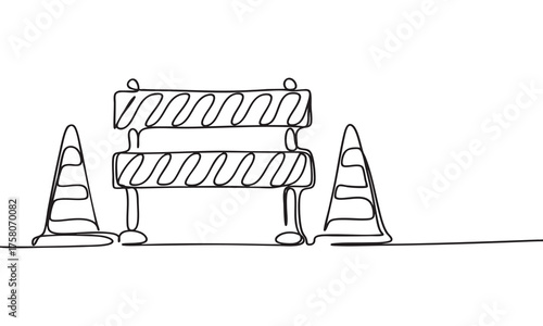 Continuous Line Drawing of Construction Barrier and Cones