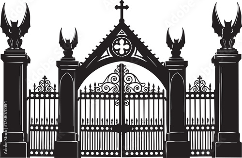 Gothic gate with gargoyles and ornate ironwork evokes mystery and dark elegance, perfect for spooky themes or historical settings.