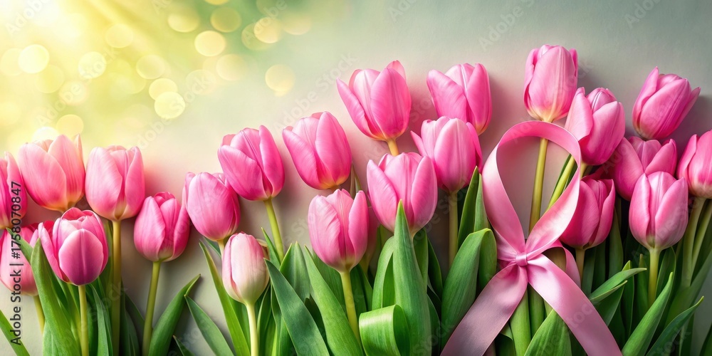 Obraz premium A Delicate Bouquet of Pink Tulips with a Gentle Pink Ribbon, Symbolizing Hope and Resilience