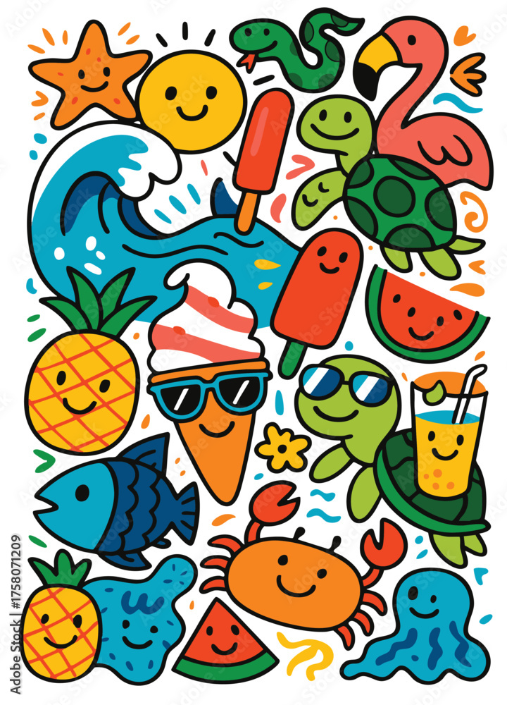 Fototapeta premium Happy sun smiling turtle pineapple ice cream popsicle watermelon crab fish summer