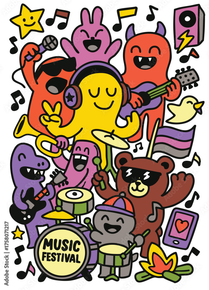 Fototapeta premium Music festival cartoon animal character colorful joyful playing instrument singing