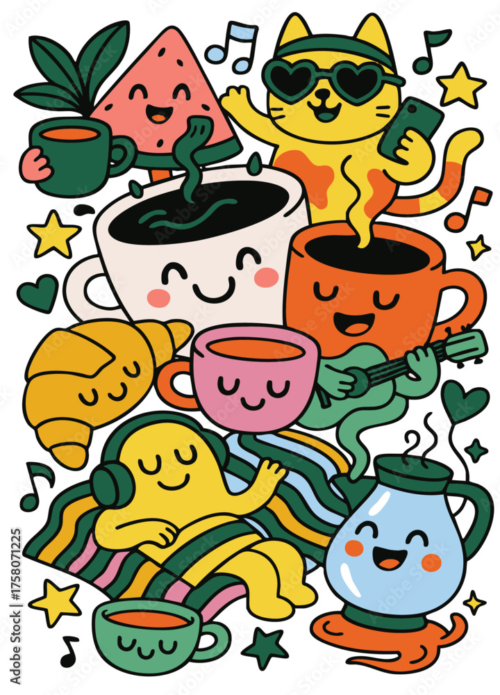 Naklejka premium Cheerful cartoon breakfast scene with coffee, croissant, fruit, cat, and music notes