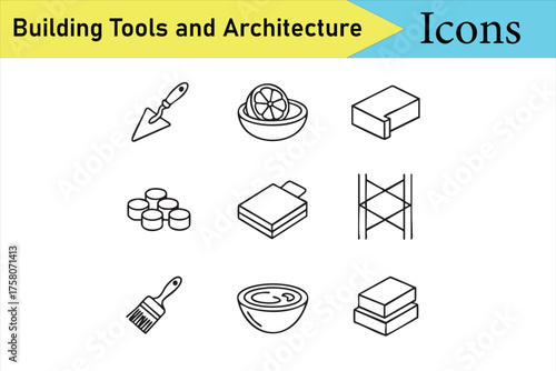 Modern minimalist construction equipment icons for industrial and design templates