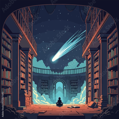 Person Meditating Under a Celestial Comet in a Grand Library.