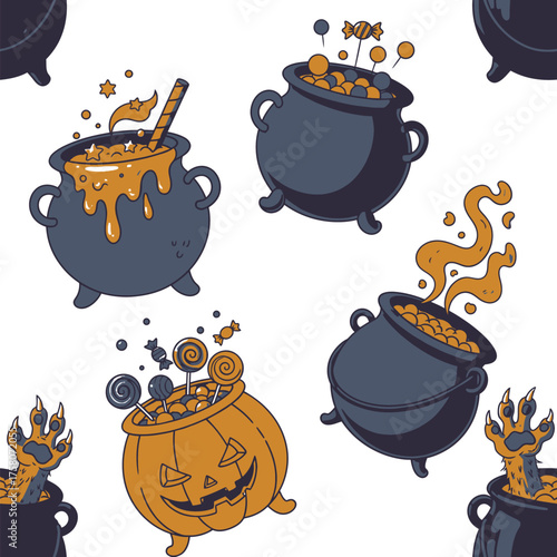 Whimsical halloween cauldron patterns with magical brews vector