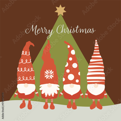 北欧のサンタの妖精トムテとデフォルメしたクリスマスツリーのあるベクターイラスト