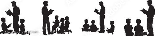 Silhouette of teacher reading to group of children sitting on floor — concept of education, learning, classroom teaching, parenting, storytelling, child development, and early education.