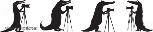 Silhouette illustration of cartoon crocodiles using cameras on tripods, symbolizing photography, creativity, wildlife art, and professional shooting concepts for education, design, and creative projec