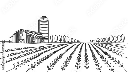 A simple line drawing of a farm with a barn silo fields and trees in a rural landscape scene view silhouette