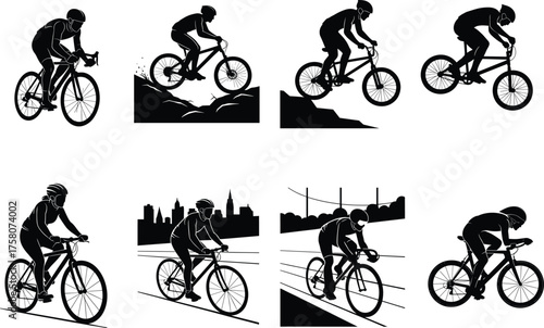 Cyclist silhouettes, mountain biking, road racing, urban commute, BMX stunt, touring gear, black icons, vector illustration, sports motion, outdoor activity