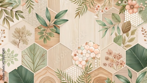 Hexagonal Botanical Wood Panel Design Featuring Natural Greens and Earthy Tones