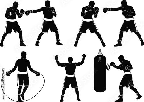 Boxer silhouettes, training poses, punching bag, jump rope, fighting stance, celebration, black icons, vector illustration, athletic movement, combat sport energy