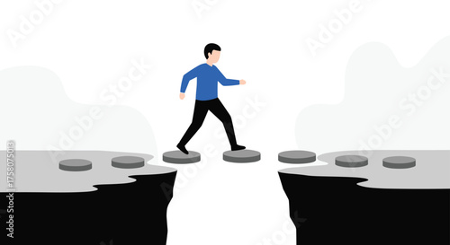 Man stepping on stones crossing a gap symbolizing progress and overcoming challenges