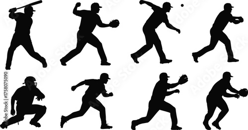 Baseball player silhouettes, batting, pitching, catching, running, fielding, celebration pose, black icons, vector illustration, sports action, athletic movement