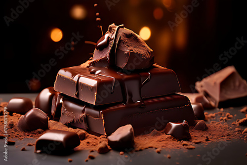 Assorted dark chocolate truffles surround a square of dark chocolate, all resting on a bed of cocoa powder, highlighting their luxurious texture and richness. Generative AI