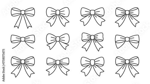 A collection of twelve simple line drawings of bows arranged in a grid pattern on a white background silhouette