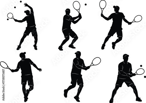 Tennis player silhouettes, action poses, serve, forehand, backhand, racket, ball motion, black icons, vector illustration, sports movement, athletic energy