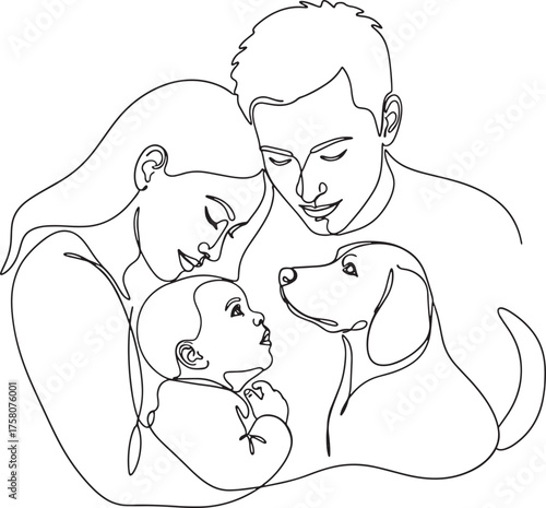 happy family with baby and dog, continuous one line art, love, care, and unity concept