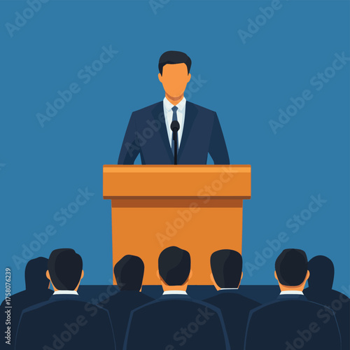 Speech by a politician or businessman at the podium in front of an audience. Speaker. Election promise, candidate for parliament , vector style simple color
