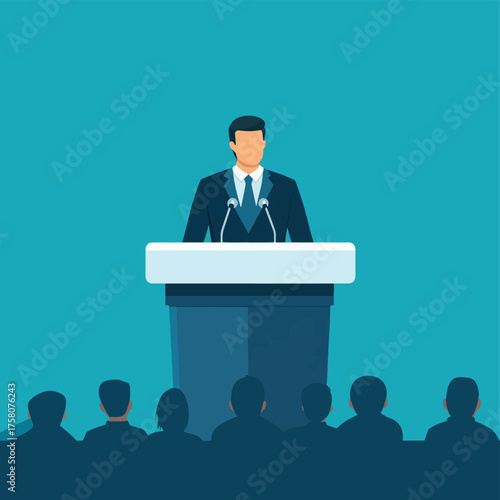 Speech by a politician or businessman at the podium in front of an audience. Speaker. Election promise, candidate for parliament , vector style simple color