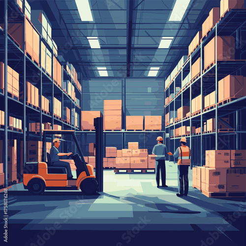 Warehouse interior with workers on the background of racks with boxes of goods on pallets. Forklift operator, manager, movers , vector style simple color