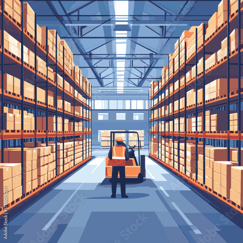 Warehouse interior with workers on the background of racks with boxes of goods on pallets. Forklift operator, manager, movers , vector style simple color