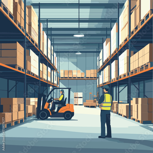 Warehouse interior with workers on the background of racks with boxes of goods on pallets. Forklift operator, manager, movers , vector style simple color