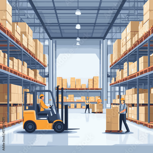 Warehouse interior with workers on the background of racks with boxes of goods on pallets. Forklift operator, manager, movers , vector style simple color