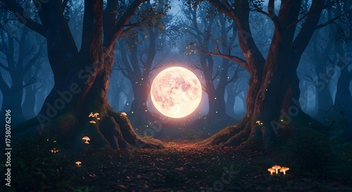 Enchanting forest scene with illuminated full moon and mystical trees