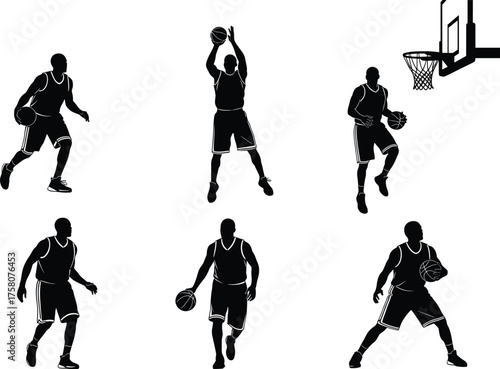 Basketball player silhouettes, action poses, dribbling, shooting, defending, hoop icon, black vector illustration, athletic movement, sports energy, game stance