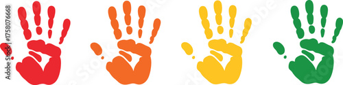 Colorful handprints in red orange yellow and green on white background