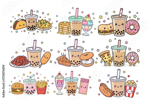 Kawaii Boba Tea and Food Bundle Cute Characters Fast Food Dessert