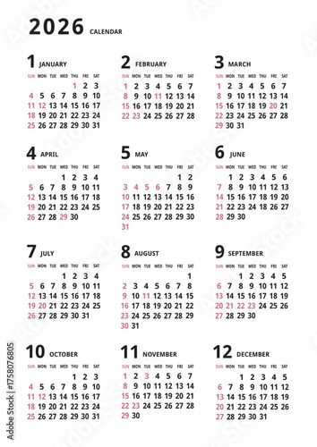 2026年_年間カレンダー_シンプル タテ型