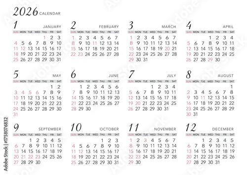 2026年_年間カレンダー_シンプル ヨコ型	