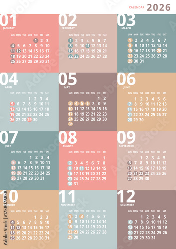 2026年_年間カレンダー_カラフルスクエア