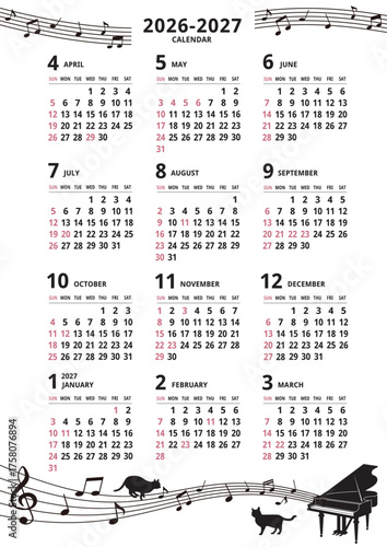 2026-2027年_年間カレンダー_4月始まり _ピアノと楽譜