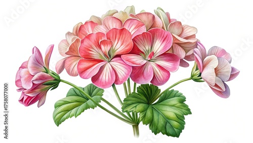 Watercolor Painting of Pink and White Geranium Flowers with Green Leaves