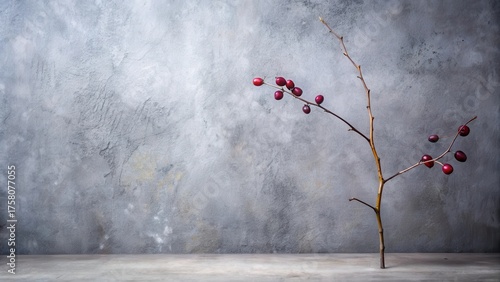 Serene Still Life A Single Branch with Dark Red Berries Against a Textured Gray Background