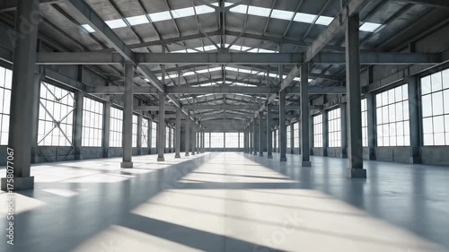 An expansive industrial interior featuring a metal beam structure, abundant windows, and light/shadow play