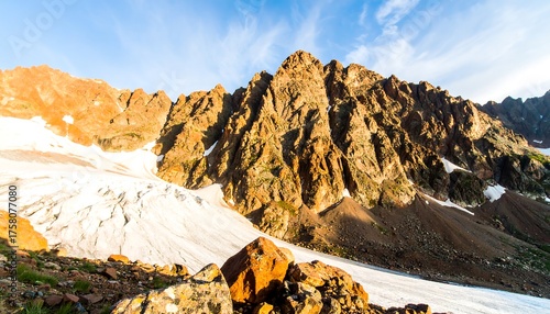 Dramatic mountain range panorama showcasing a vast glacier flowing through a rugged, sun-drenched landscape.